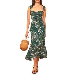 Reformation Nikita Lake Green Floral Print Tie Shoulder Midi Dress Size 0 NWT